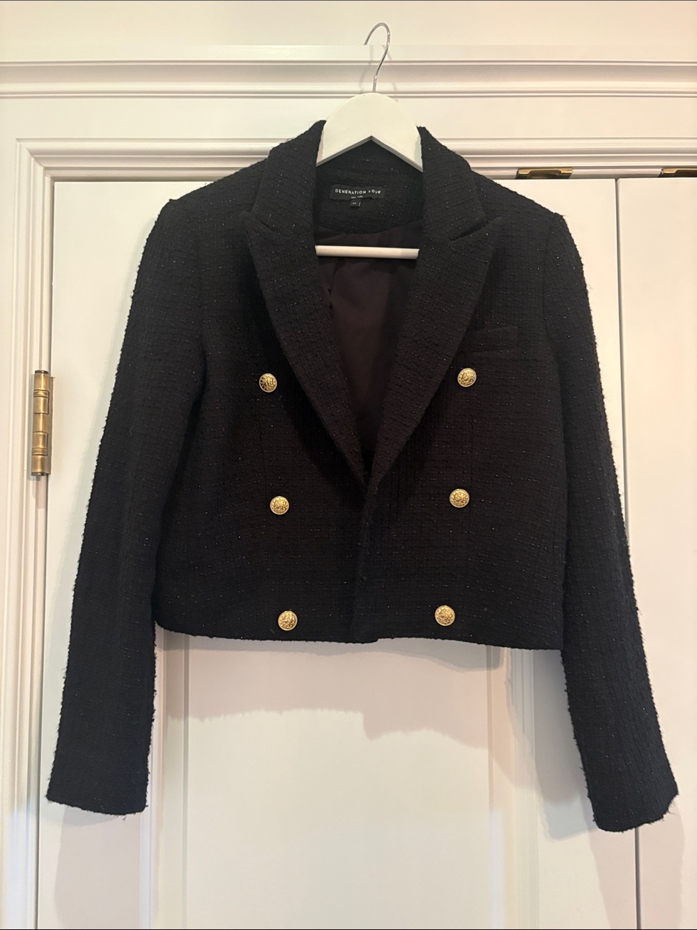 Generation Love Black Cropped Double-Breasted Blazer with Gold Buttons